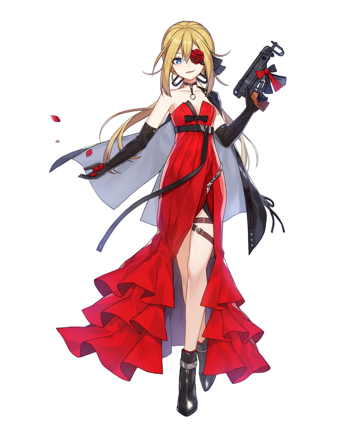 cleavage, dress, eyepatch, garter, girls_frontline, gun, sa, skorpion_(girls_frontline)