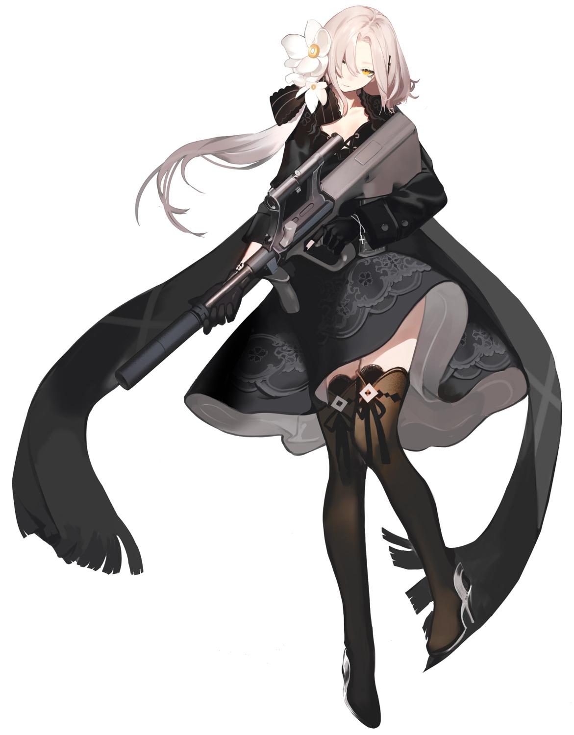 aug_(girls_frontline), cleavage, dress, girls_frontline, gun, heels, samail, skirt_lift