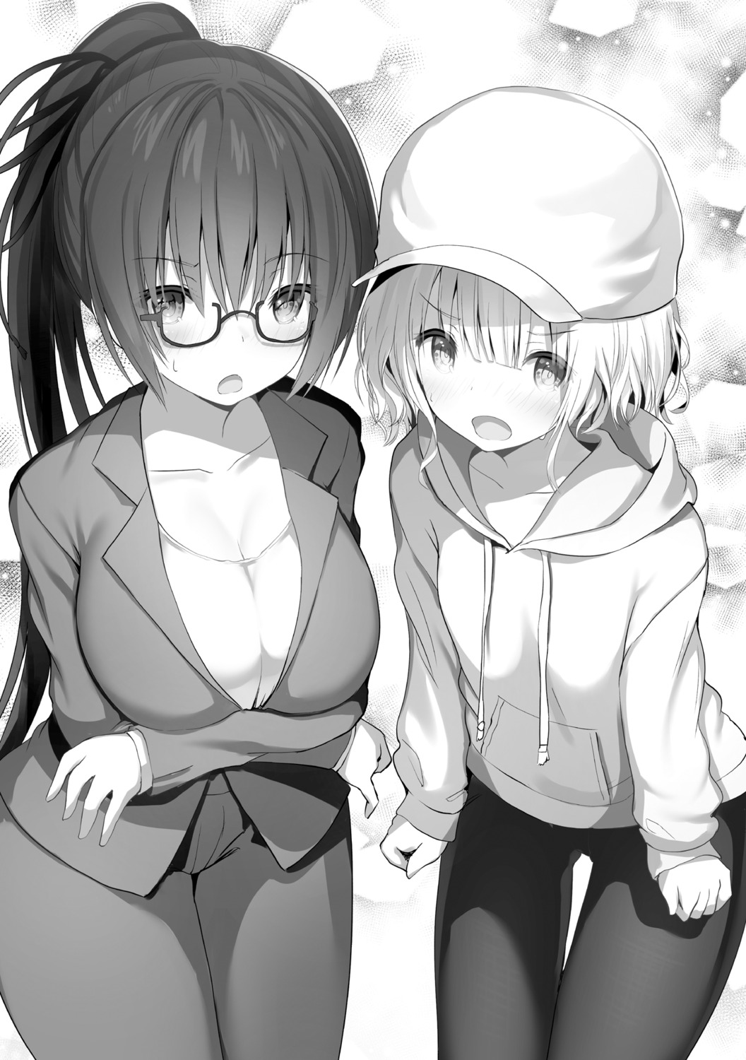 breast_hold, business_suit, cleavage, kawaikereba_hentai_demo_suki_ni_natte_kuremasu_ka?, koga_yuika, megane, monochrome, sune