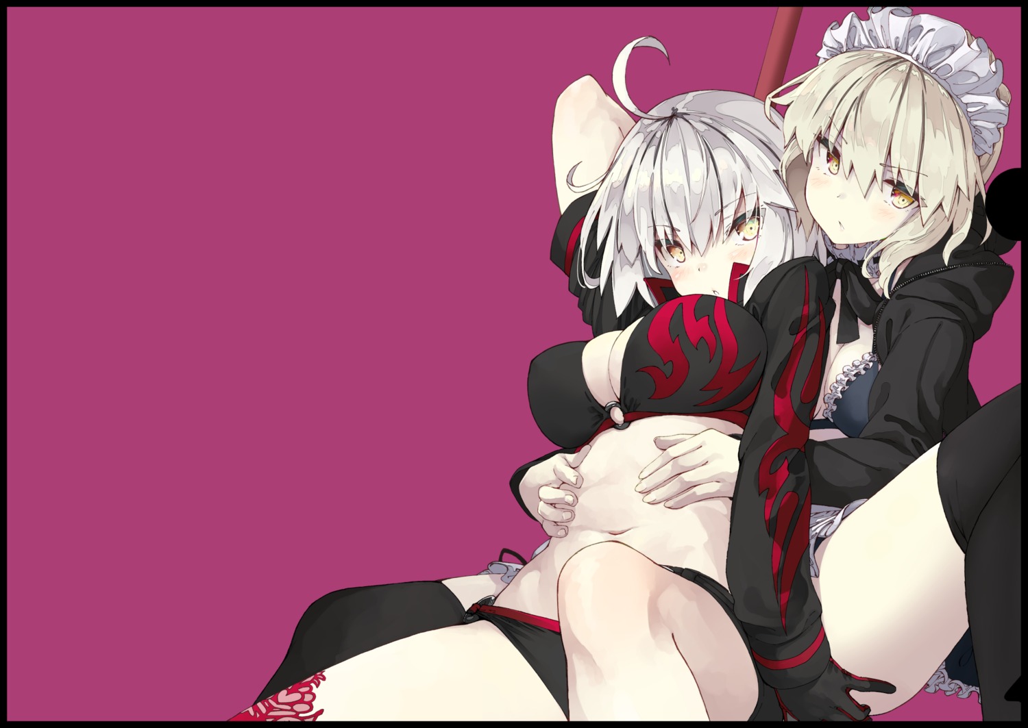 artoria_pendragon_(fate), artoria_pendragon_alter_(fate), bikini, cleavage, fate/grand_order, iwasaki_takashi, jeanne_d'arc, jeanne_d'arc_alter_(fate), maid, swimsuits, thighhighs