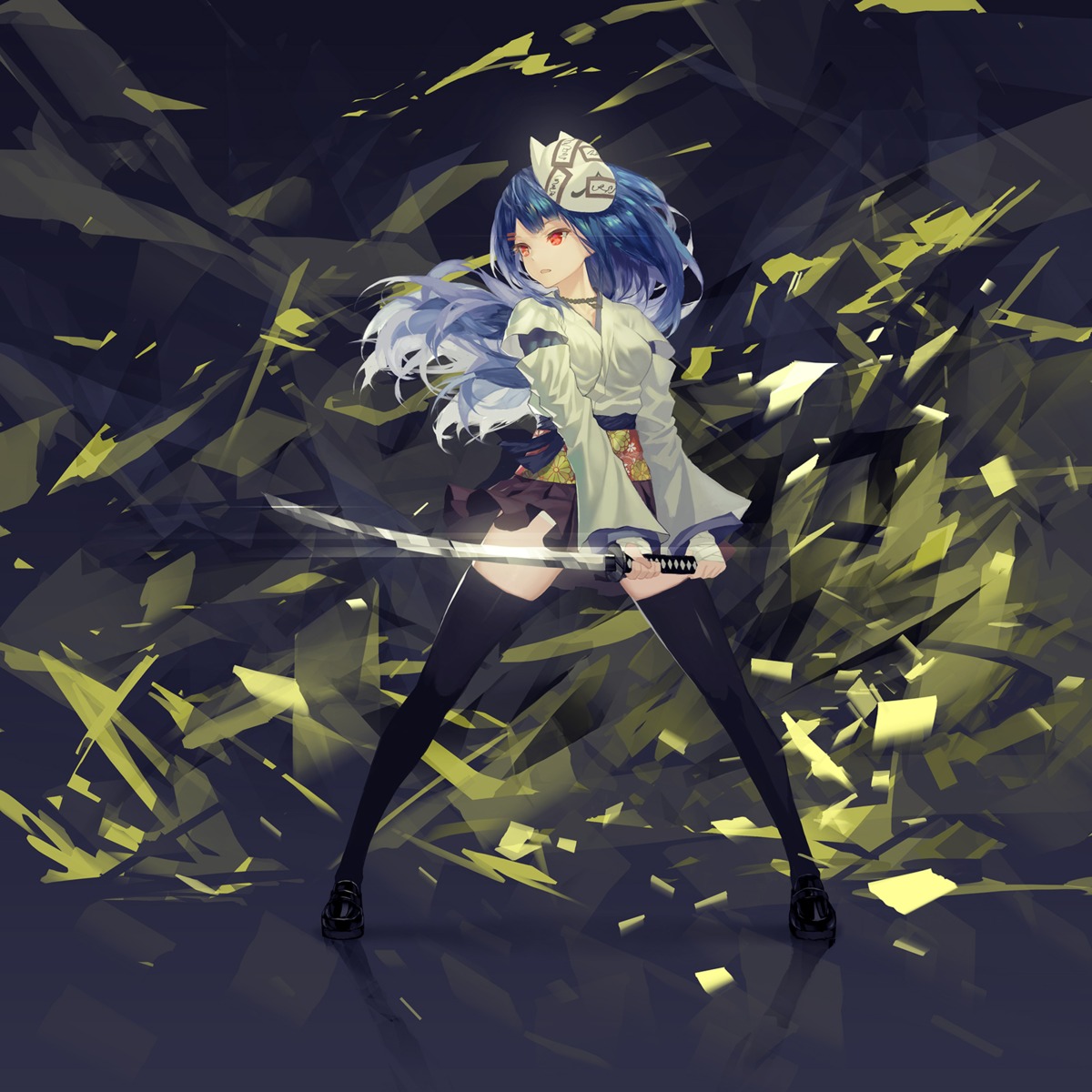 japanese_clothes, pnakoticat, redeyes, sword, thighhighs