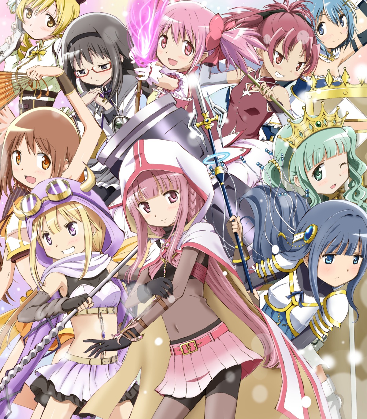 akemi_homura, armor, bodysuit, dress, futaba_sana, gun, horns, kaname_madoka, kinfuji, magia_record:_mahou_shoujo_madoka_magica_gaiden, mahou_shoujo_madoka_magica, megane, miki_sayaka, mitsuki_felicia, momoe_nagisa, nanami_yachiyo, sakura_kyouko, sword, tamaki_iroha, thighhighs, tomoe_mami, weapon, yui_tsuruno