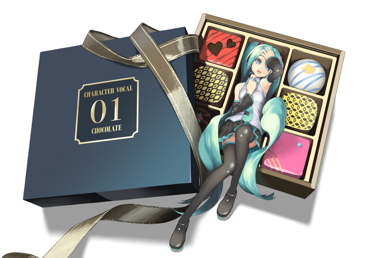 breast_hold, hatsune_miku, headphones, rsk_(tbhono), skirt_lift, thighhighs, vocaloid