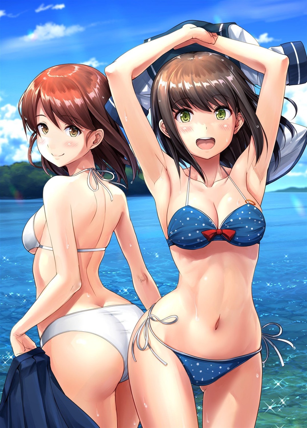 ass, bikini, cleavage, fubuki_(kancolle), ichikawa_feesu, kantai_collection, seifuku, shirayuki_(kancolle), swimsuits