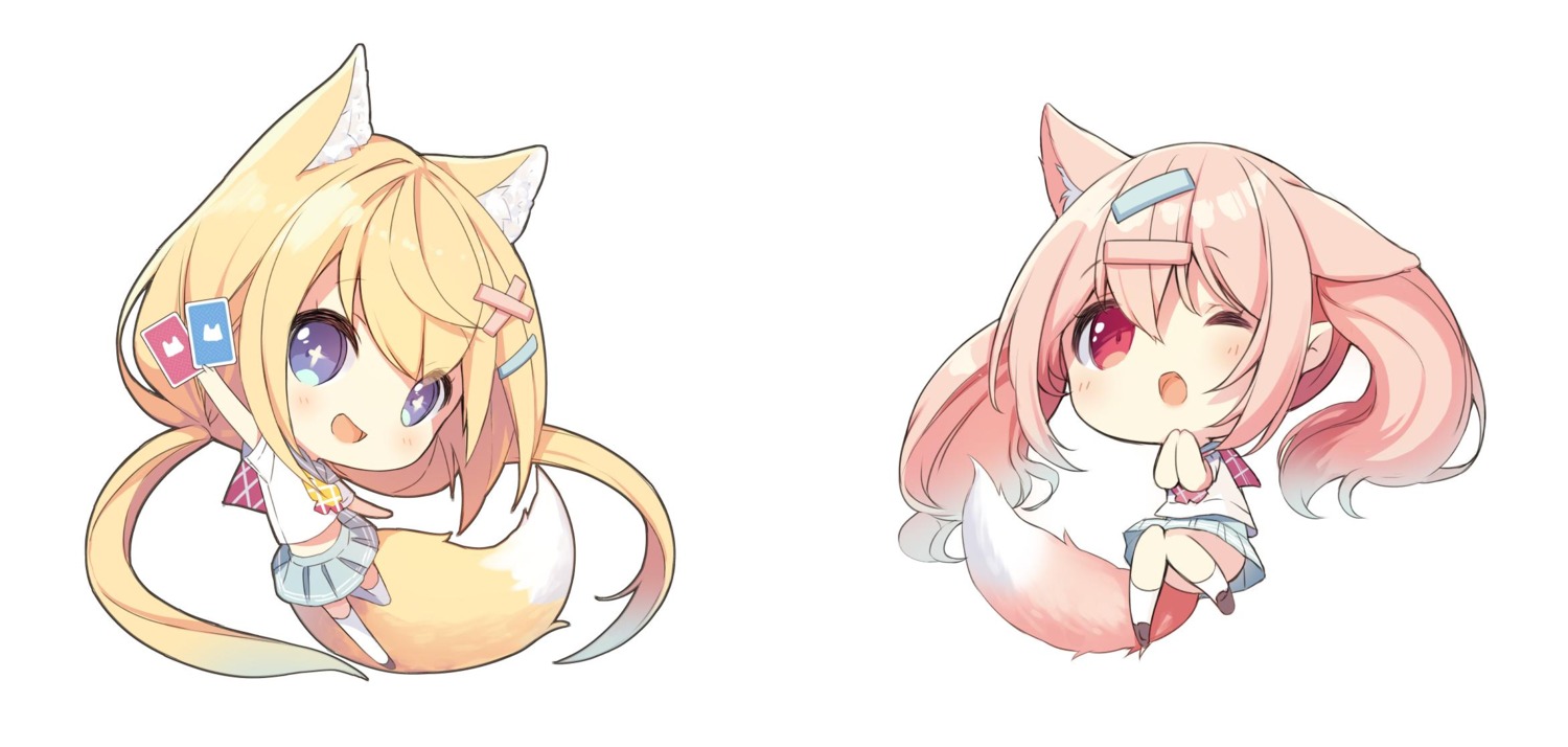 amamiya_aki, amamiya_mei, animal_ears, chibi, kitsune, p19, seifuku, tail