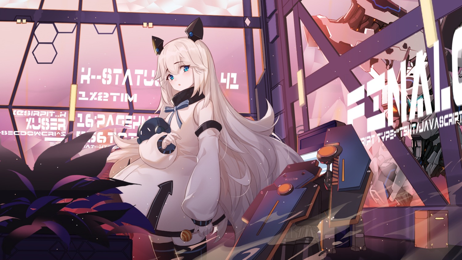 breast_hold, dress, evelynn_(final_gear), final_gear, horns, mecha, sunshine_(1638509769), thighhighs