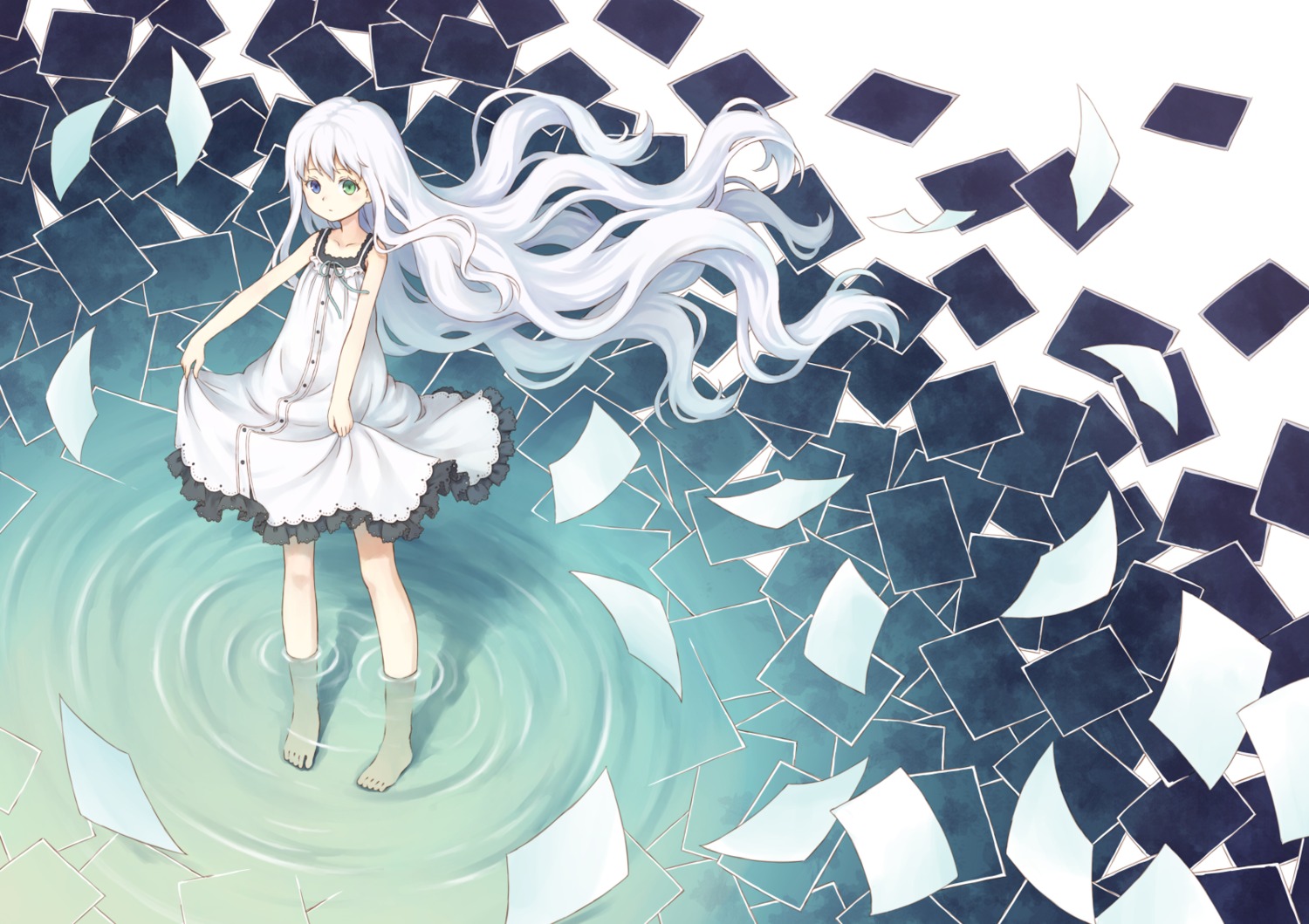 104_(artist), dress, feet, heterochromia, skirt_lift, summer_dress, wet