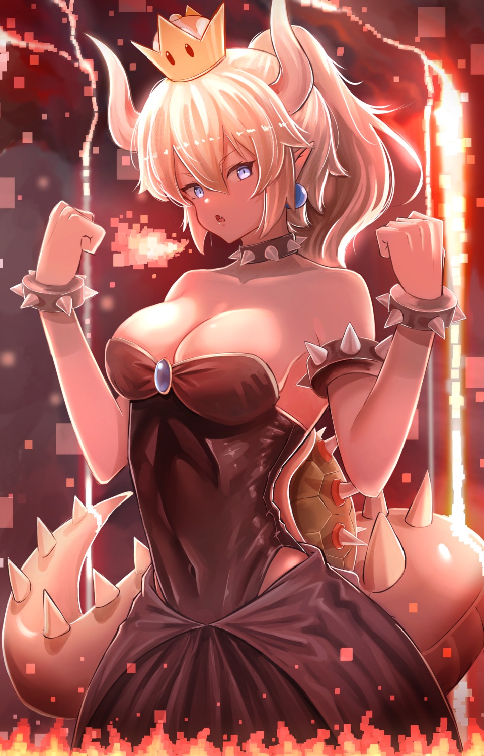 bowsette, cleavage, dress, horns, new_super_mario_bros._u_deluxe, pasoputi, pointy_ears, tail