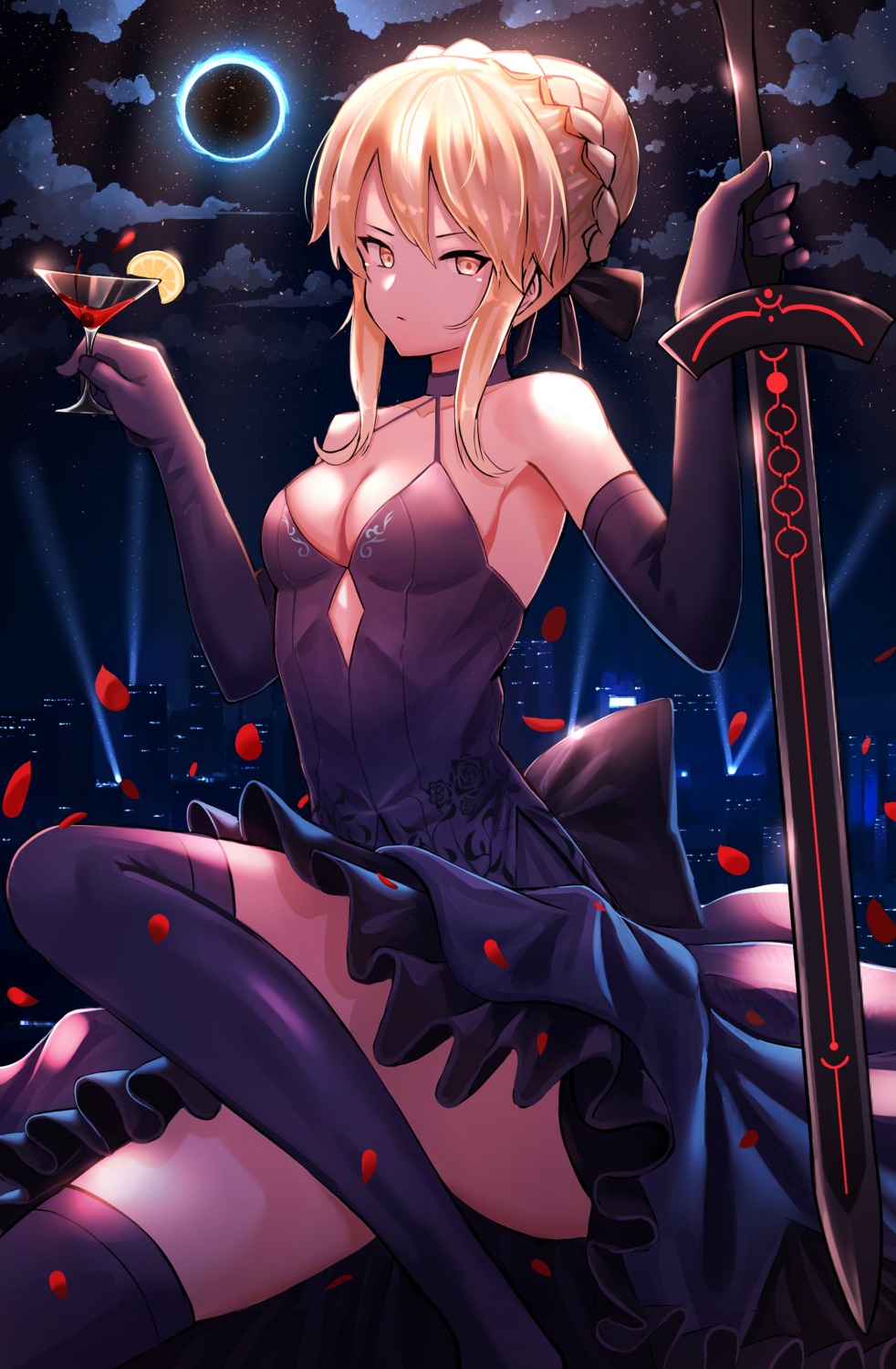 artoria_pendragon_(fate), artoria_pendragon_alter_(fate), dress, fate/grand_order, no_bra, pasoputi, skirt_lift, sword, thighhighs
