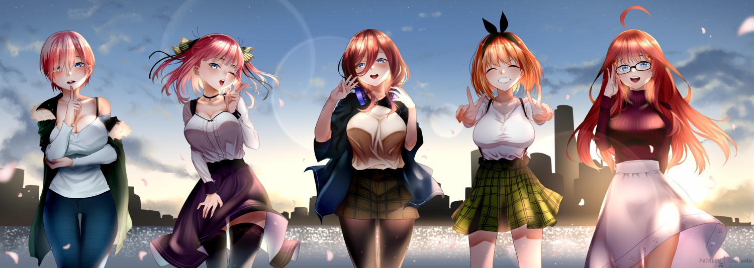 5-toubun_no_hanayome, breast_hold, cleavage, headphones, megane, nakano_ichika, nakano_itsuki, nakano_miku, nakano_nino, nakano_yotsuba, pantyhose, sweater, thighhighs, zasshu_tamashii