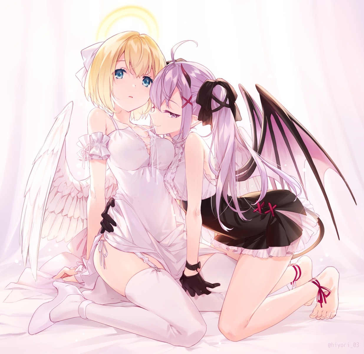 angel, asahikawa_hiyori, devil, dress, heels, pantsu, pointy_ears, skirt_lift, stockings, string_panties, tail, thighhighs, wings