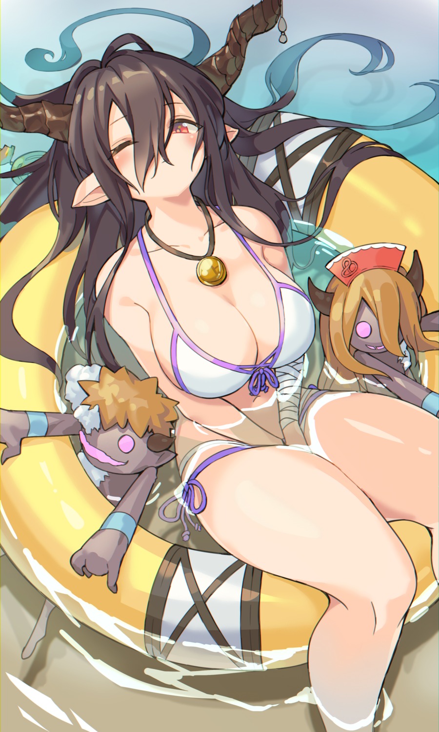 bandages, bikini, cleavage, danua, granblue_fantasy, horns, kanase_(mcbrwn18), pointy_ears, swimsuits, wet