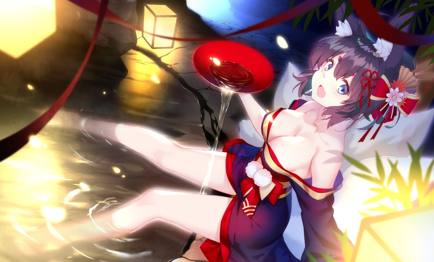 animal_ears, cleavage, guohua, japanese_clothes, kitsune, no_bra, open_shirt, tail, wet