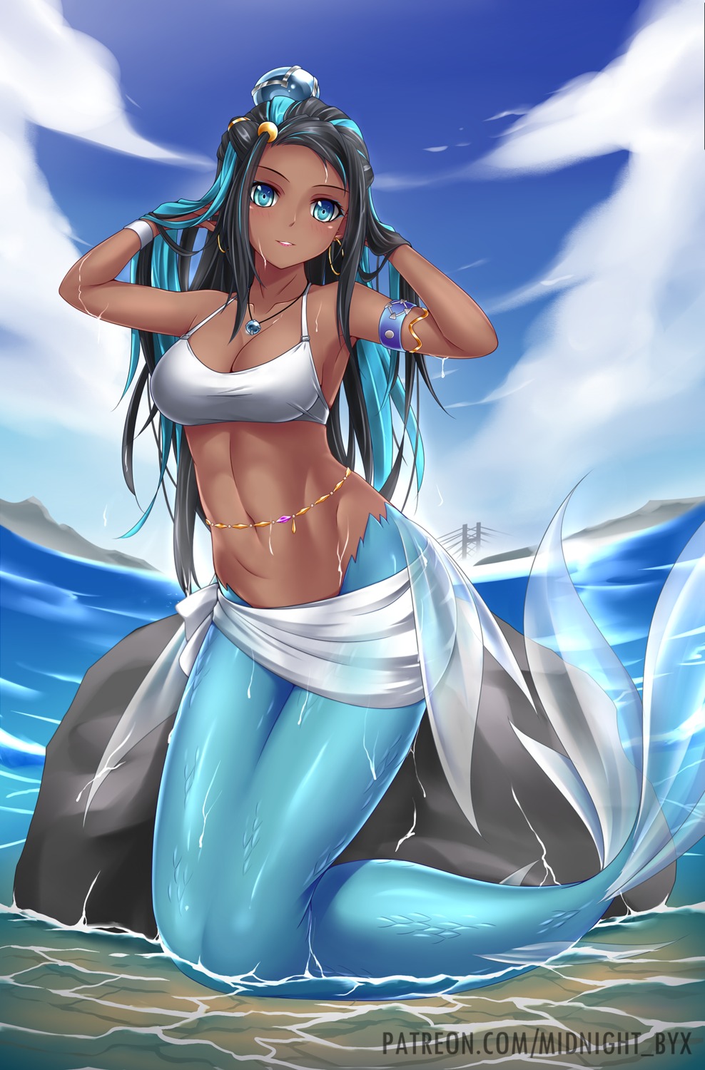 bikini_top, cleavage, mermaid, midnight, monster_girl, pokemon, pokemon_swsh, rurina_(pokemon), see_through, swimsuits, tail, wet