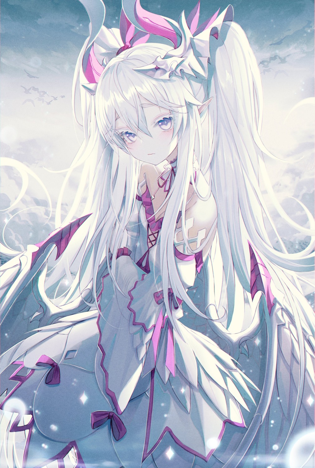 cleavage, dress, horns, okazu_(eightstudio), pointy_ears, wings