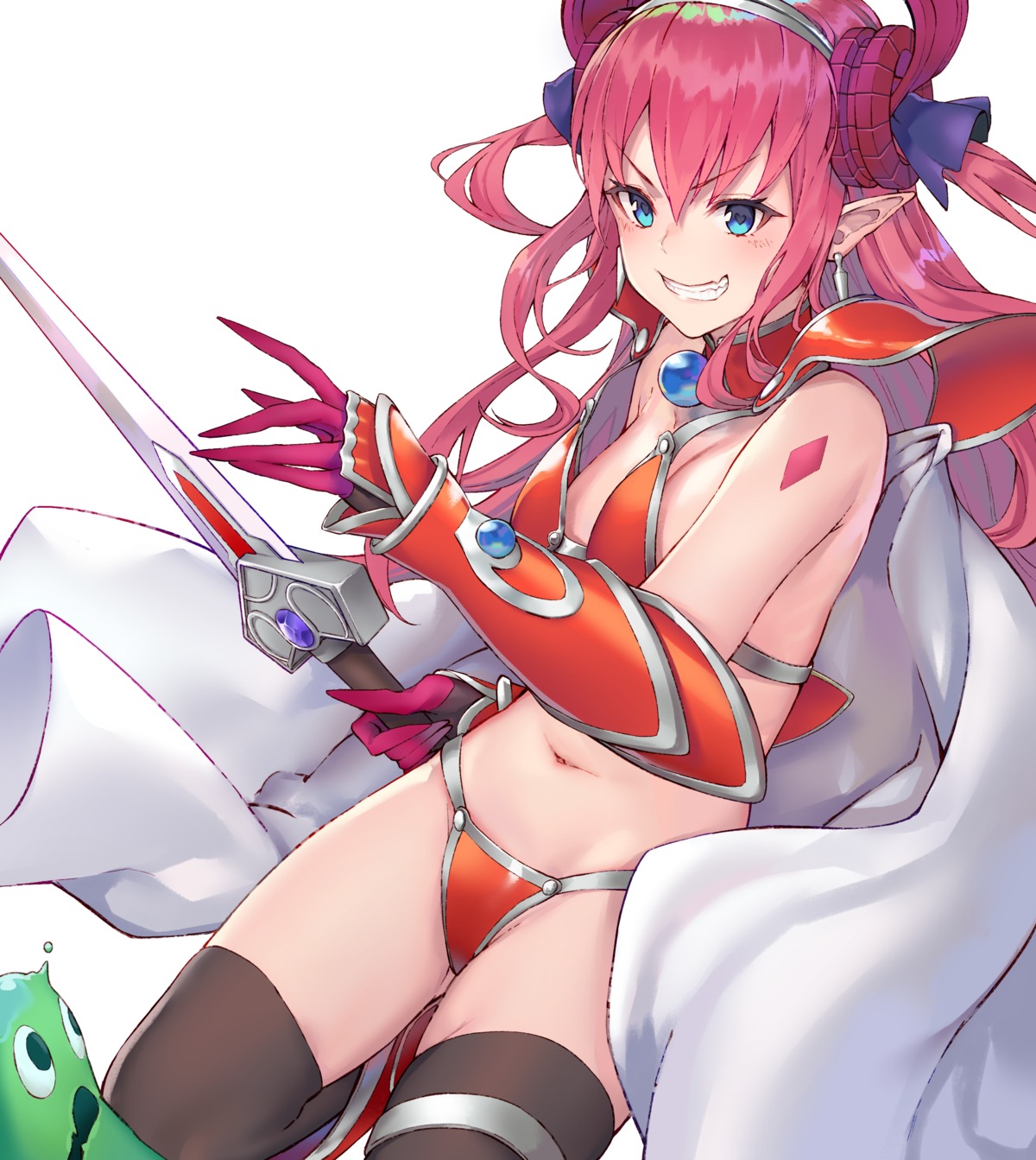 armor, bikini_armor, black_cola, elizabeth_bathory, elizabeth_bathory_(brave)_(fate), fate/grand_order, garter, horns, pointy_ears, sword, thighhighs, wardrobe_malfunction
