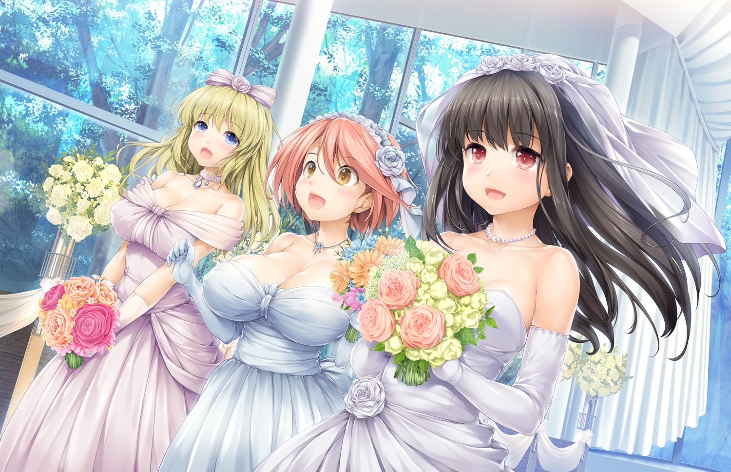 amabane_nodoka, cleavage, dress, game_cg, higashibojo_akira, ishikei, love³_-love_cube-, neko_work_h, shitaka_iori, wedding_dress
