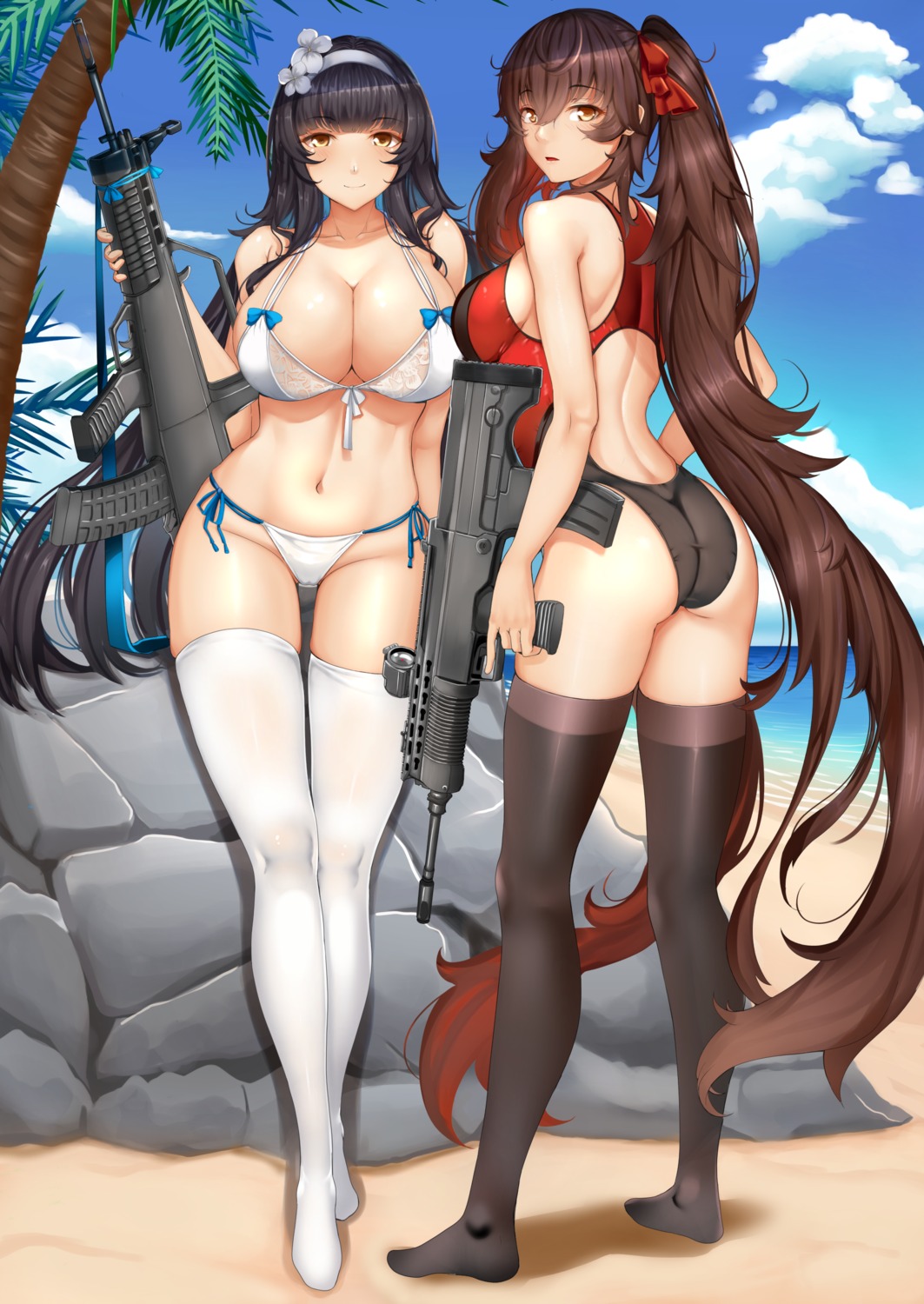 ass, bikini, chiyo_goya, girls_frontline, gun, qbz-95_(girls_frontline), qbz-97_(girls_frontline), swimsuits