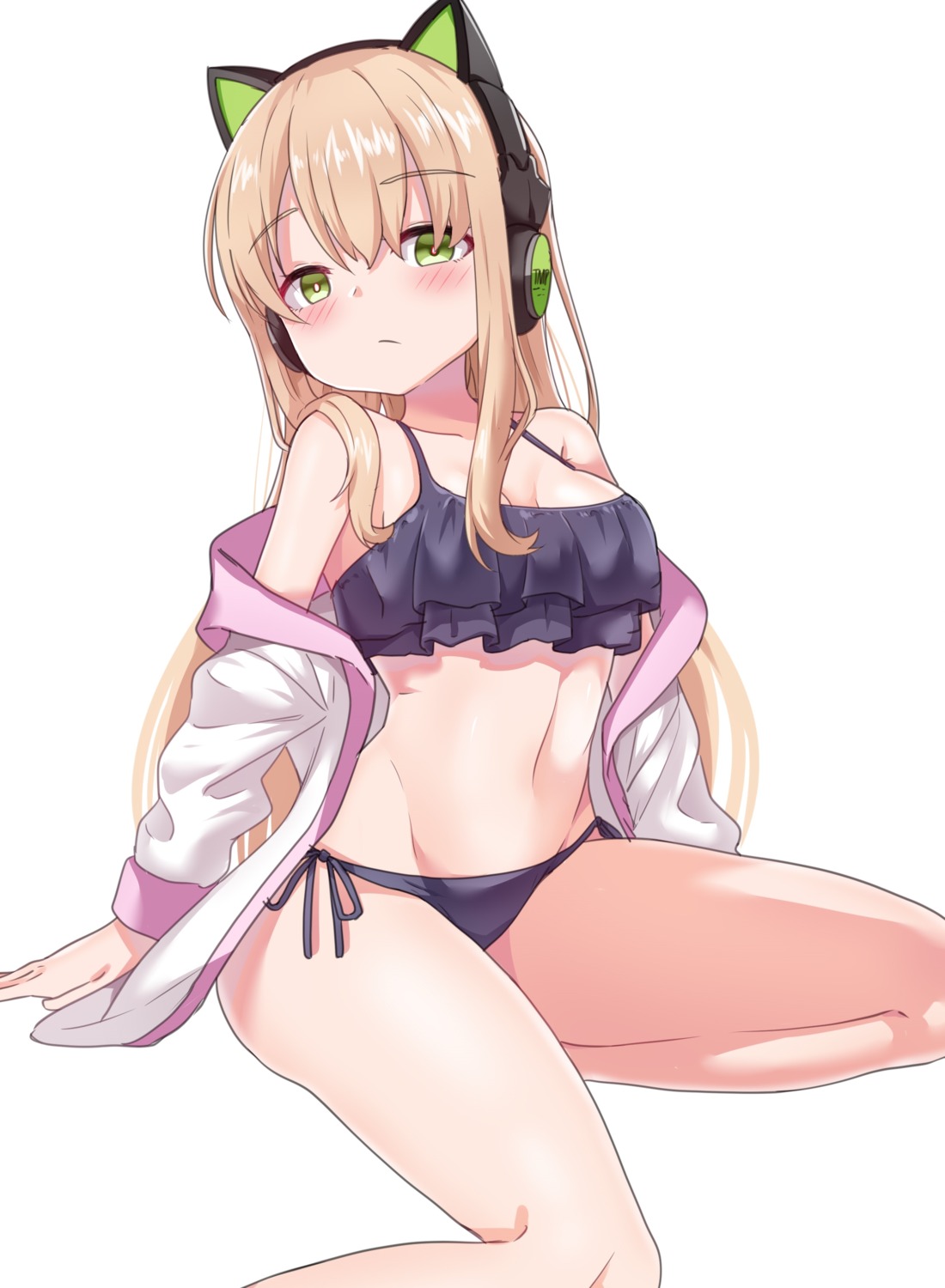 animal_ears, bikini, cleavage, girls_frontline, hayarob, headphones, nekomimi, open_shirt, swimsuits, tmp_(girls_frontline)