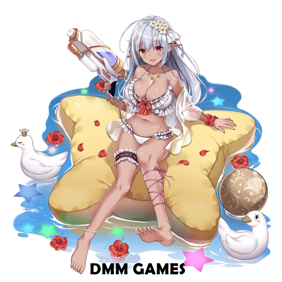 bikini, feet, garter, gemini_seed, gun, open_shirt, pikomint, pointy_ears