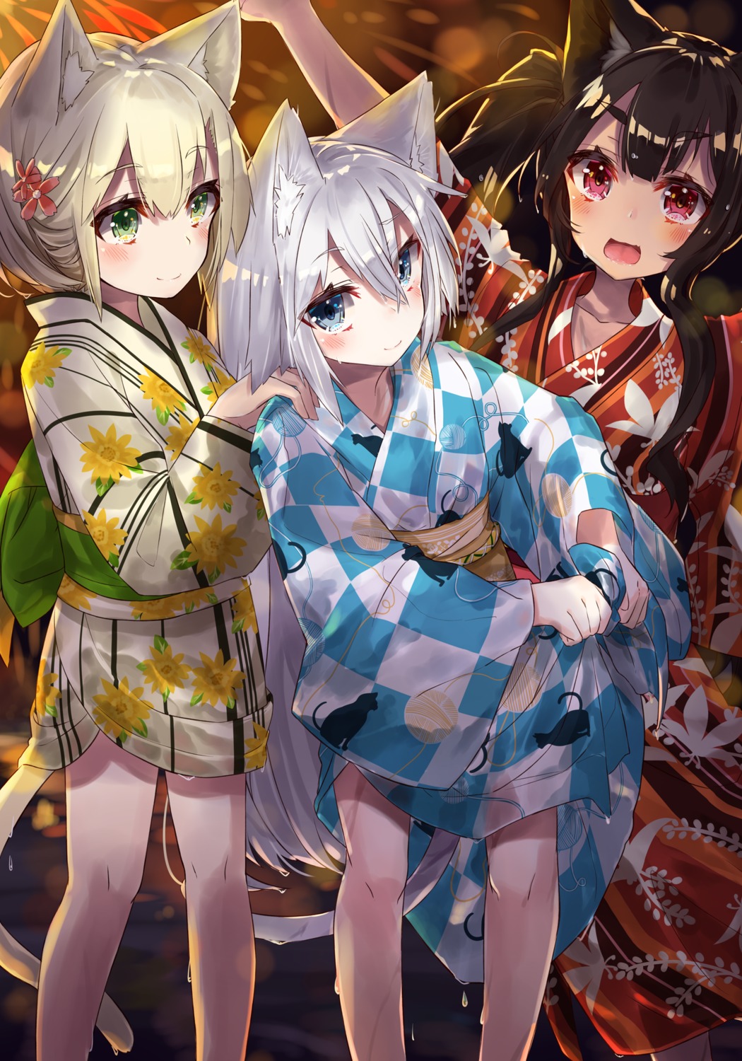 animal_ears, nekomimi, nuko_miruku, see_through, skirt_lift, tail, wet, wet_clothes