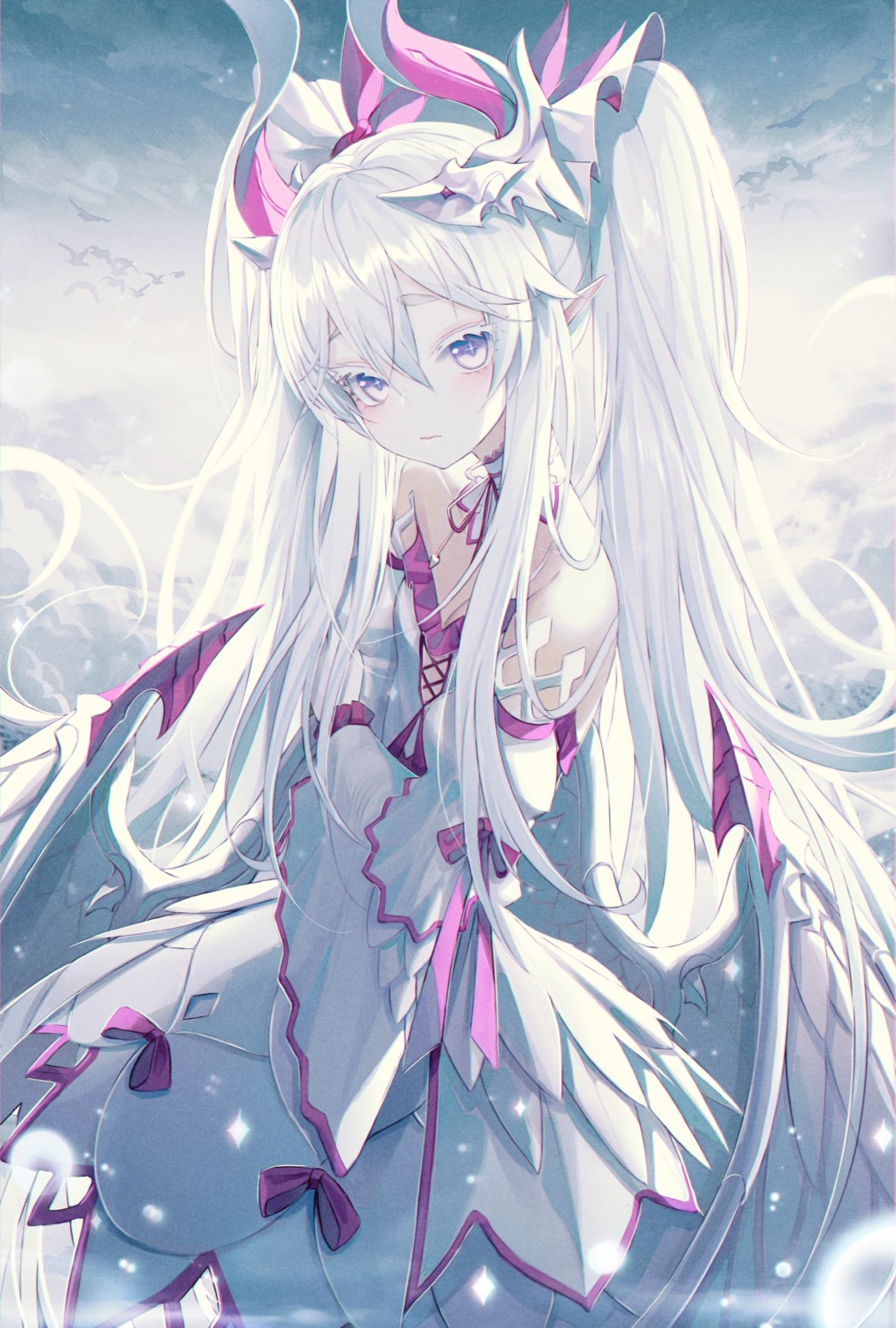 cleavage, dress, horns, okazu_(eightstudio), pointy_ears, wings