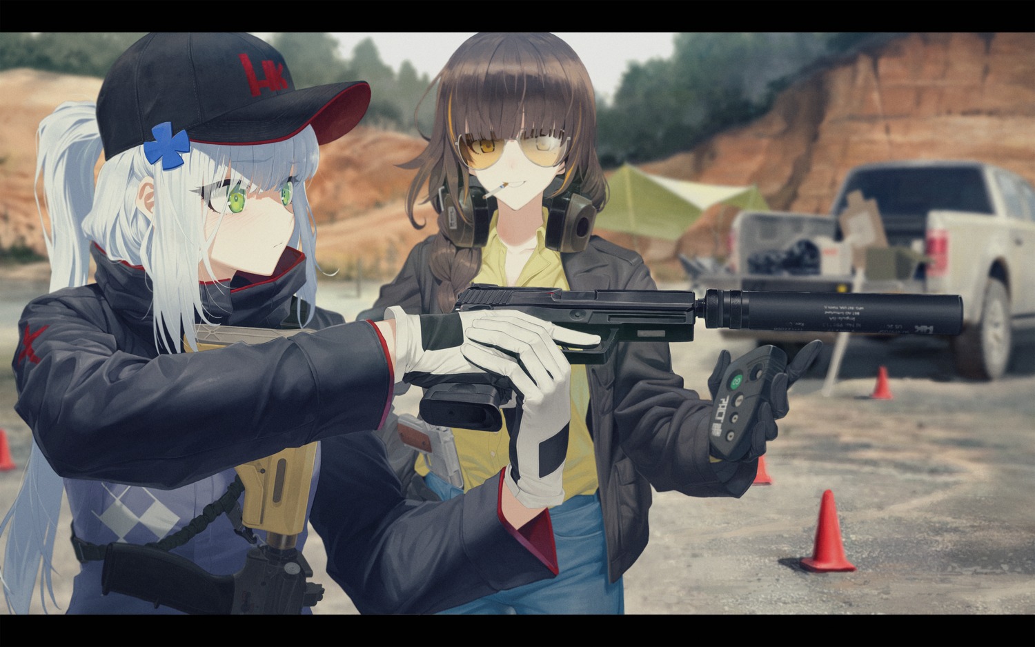 girls_frontline, gun, headphones, hk416_(girls_frontline), ladic, m16a1_(girls_frontline), megane, smoking