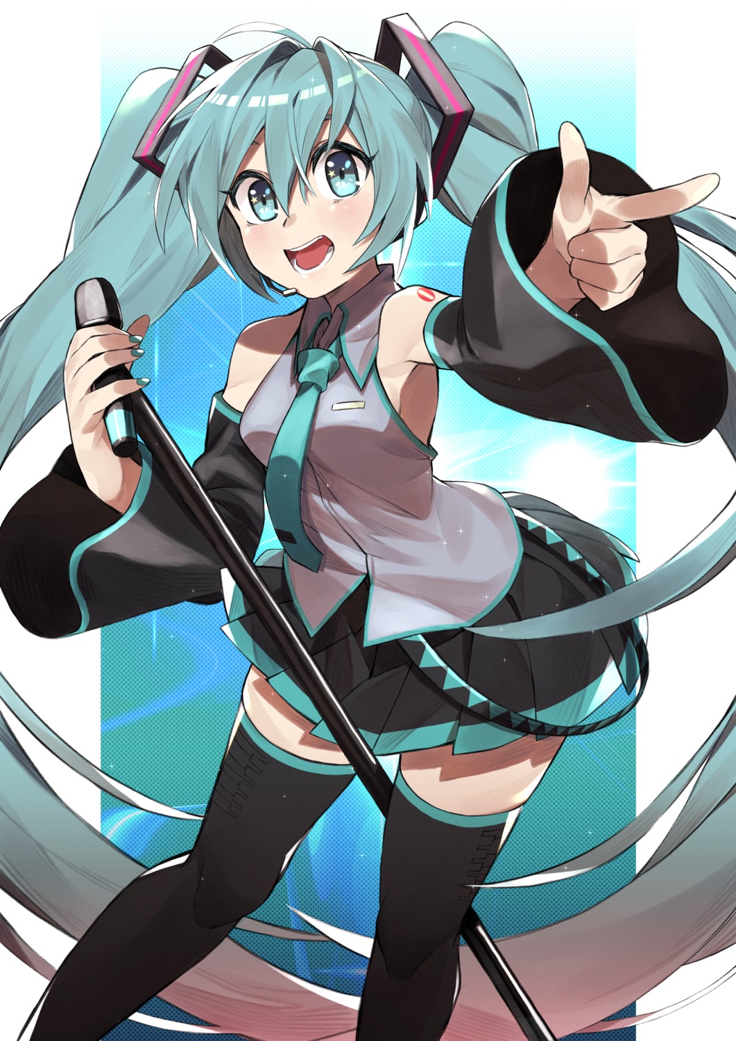 hatsune_miku, headphones, kamekiti, tattoo, thighhighs, vocaloid