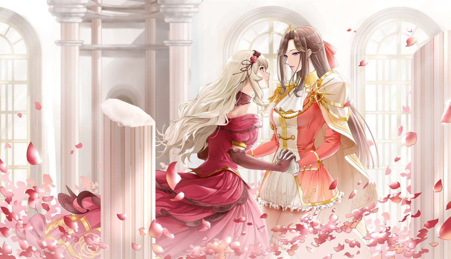 de_mo_ne, dress, saijou_claudine, shoujo_kageki_revue_starlight, tendou_maya, thighhighs, uniform, yuri
