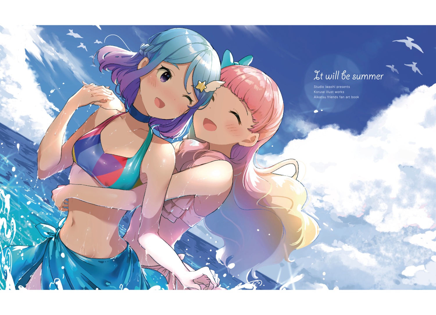 aikatsu_friends!, bikini, cleavage, koruse, minato_mio, swimsuits, wet, yuri