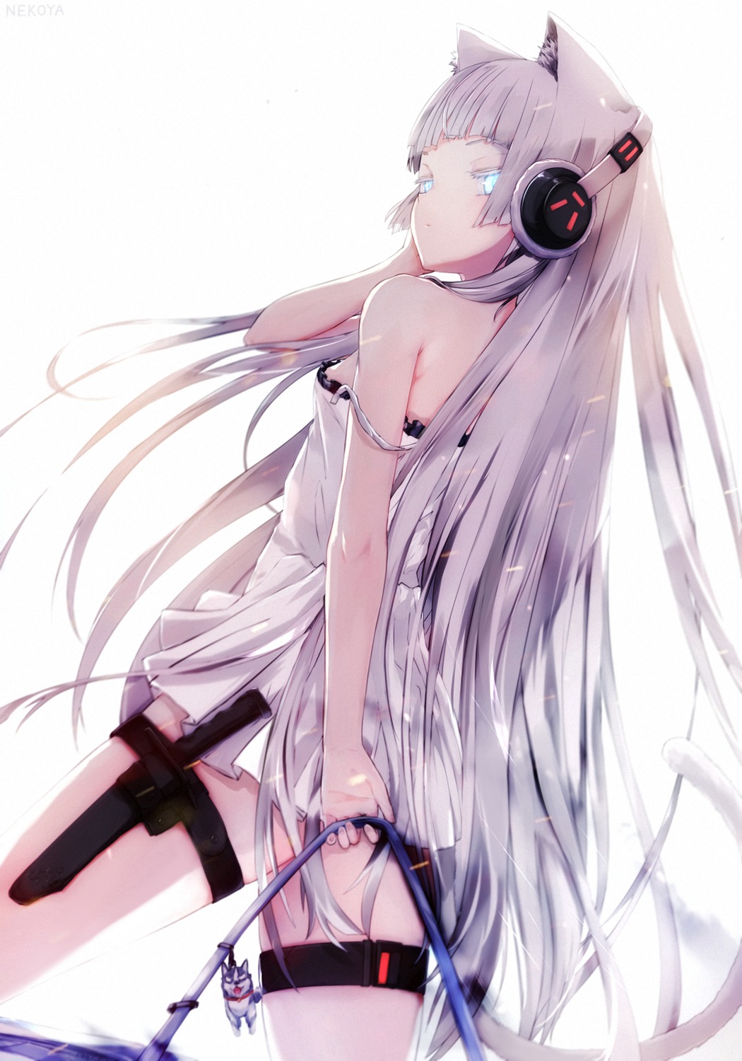 animal_ears, awp_(girls_frontline), dress, garter, girls_frontline, headphones, nekomimi, nekoya_(liu), summer_dress, tail, weapon