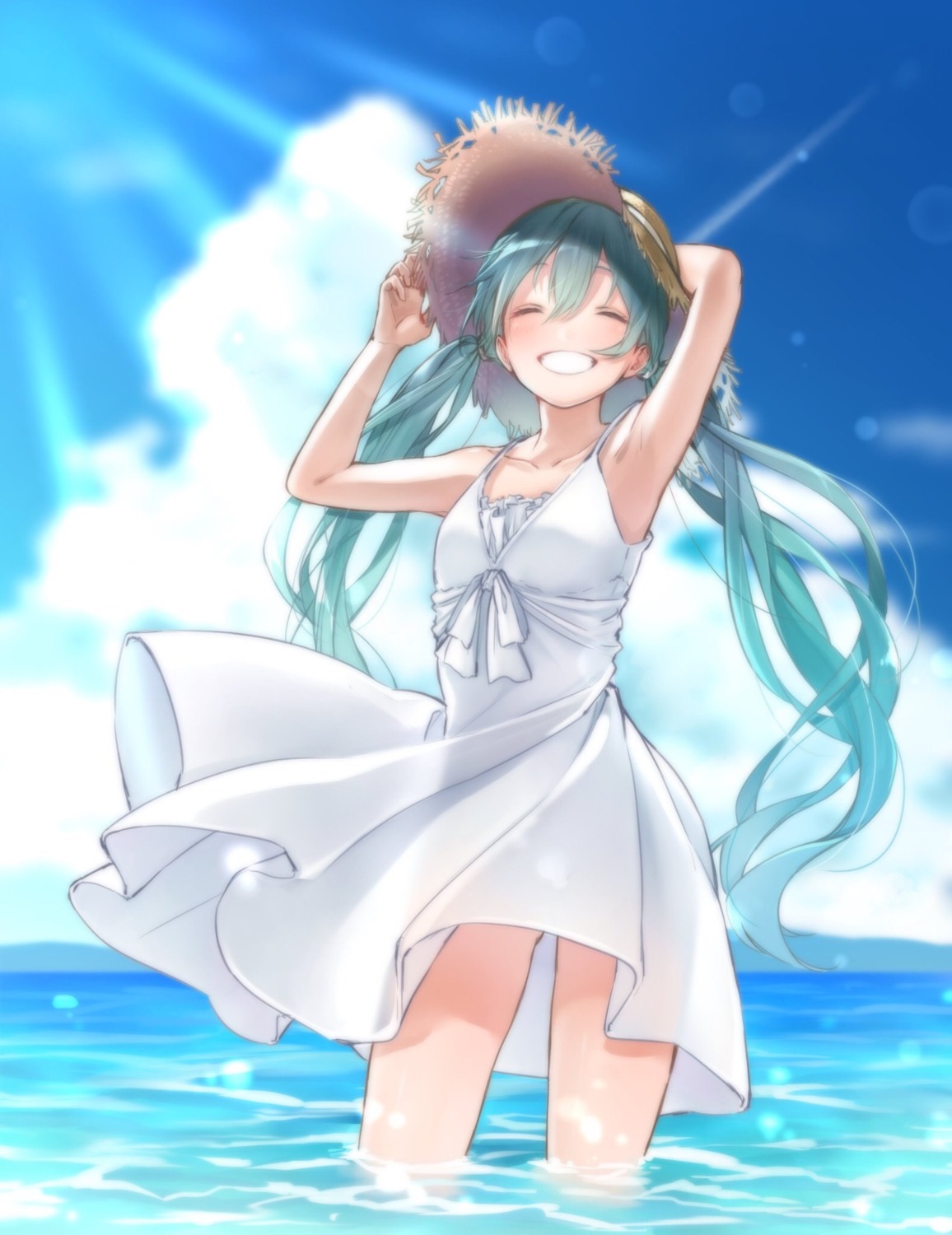 dress, hatsune_miku, rinku_(rin9), see_through, skirt_lift, summer_dress, vocaloid, wet