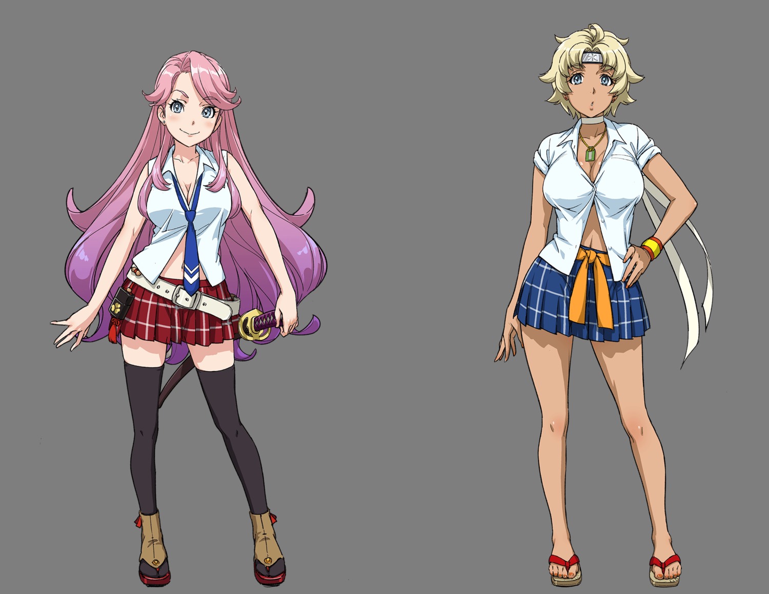 cleavage, emily_orange, jennifer_peach, kandagawa_jet_girls, open_shirt, seifuku, sword, tagme