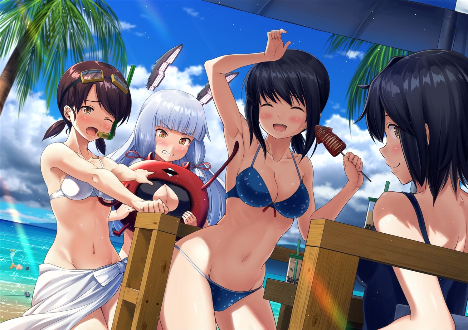 bikini, cleavage, fubuki_(kancolle), ichikawa_feesu, kantai_collection, miyuki_(kancolle), murakumo_(kancolle), shirayuki_(kancolle), swimsuits
