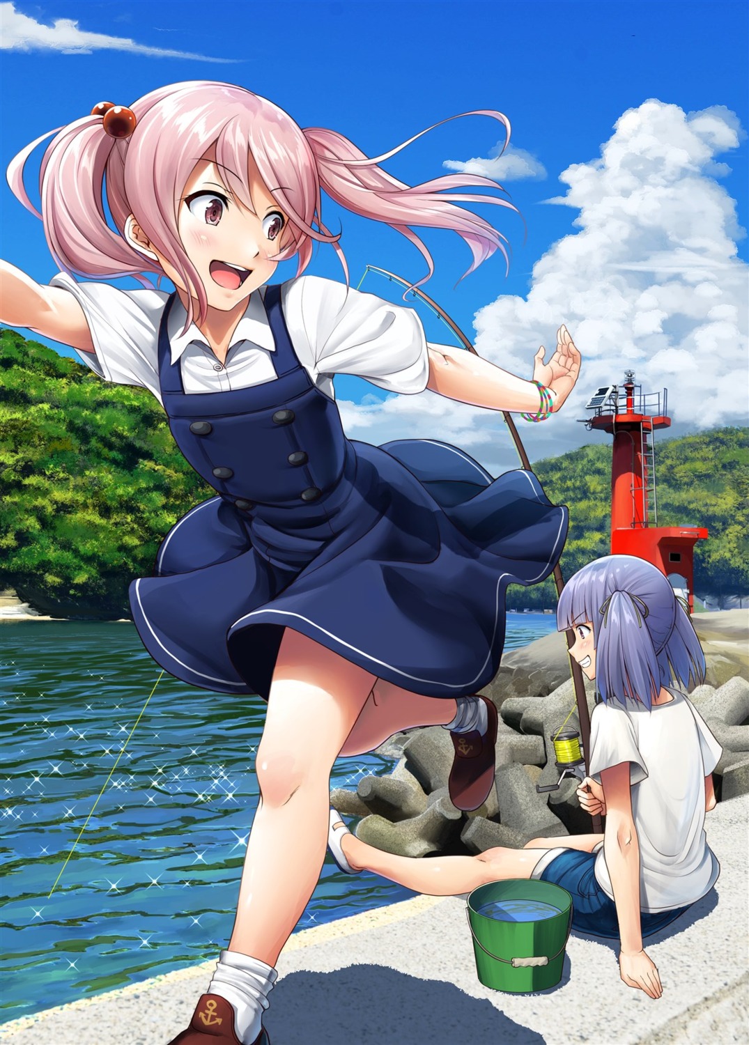 ichikawa_feesu, kantai_collection, ooshio_(kancolle), sazanami_(kancolle), seifuku, skirt_lift