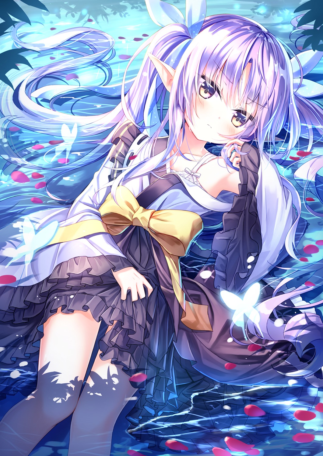 hikawa_kyouka, lolita_fashion, pointy_ears, princess_connect!, princess_connect!_re:dive, satou_(3366_s), skirt_lift, wa_lolita, wet