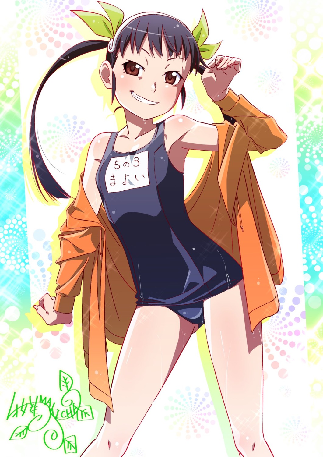 bakemonogatari, hachikuji_mayoi, makicha, monogatari_(series), nekomonogatari, nisemonogatari, owarimonogatari, school_swimsuit