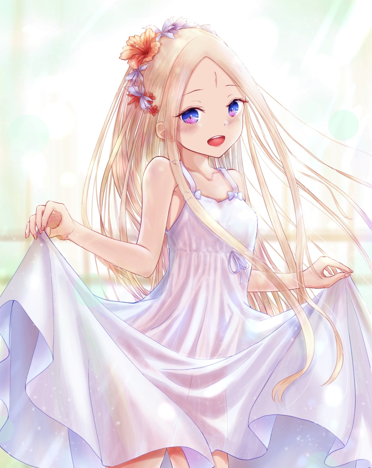 abigail_williams_(fate), dress, fate/grand_order, no_bra, nopan, sanka_tan, see_through, skirt_lift, summer_dress