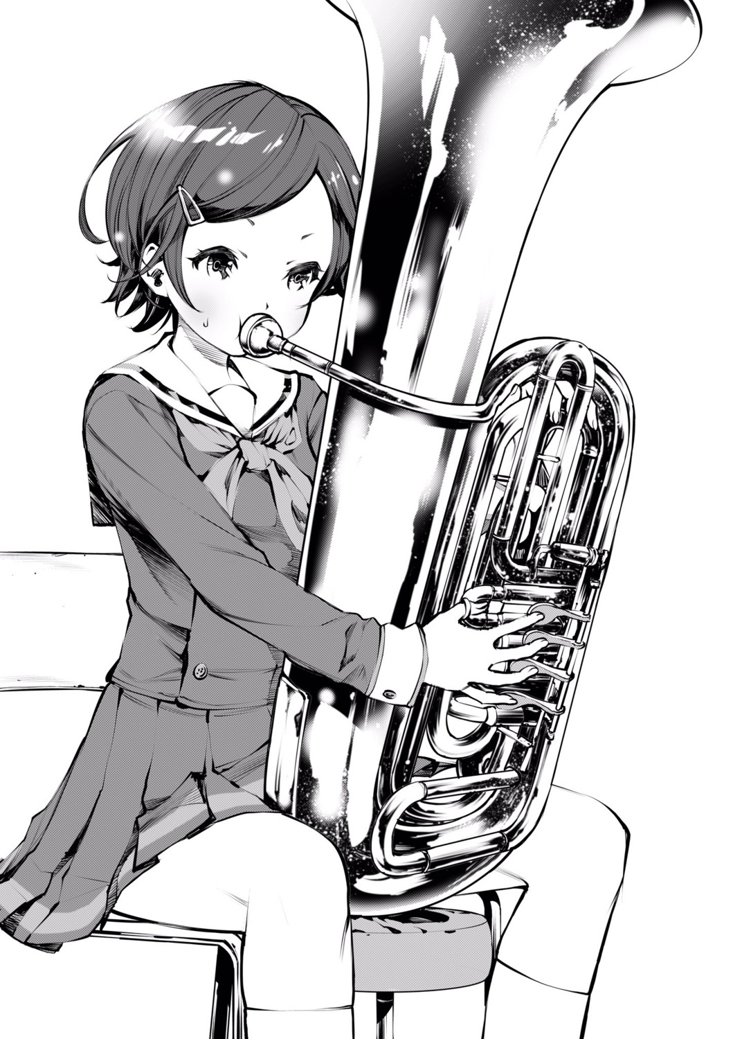 fukushima_masayasu, hibike!_euphonium, katou_hazuki_(hibike!_euphonium), monochrome, seifuku