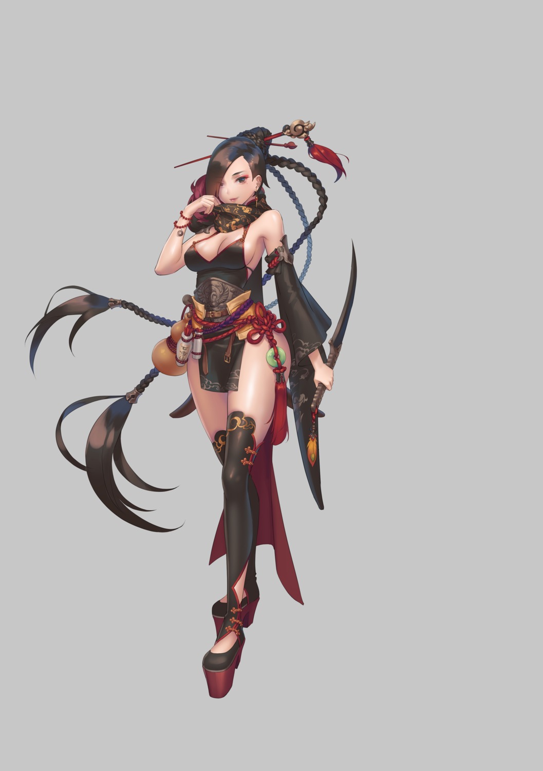 caravan_stories, cleavage, japanese_clothes, karesuki, no_bra, thighhighs, weapon