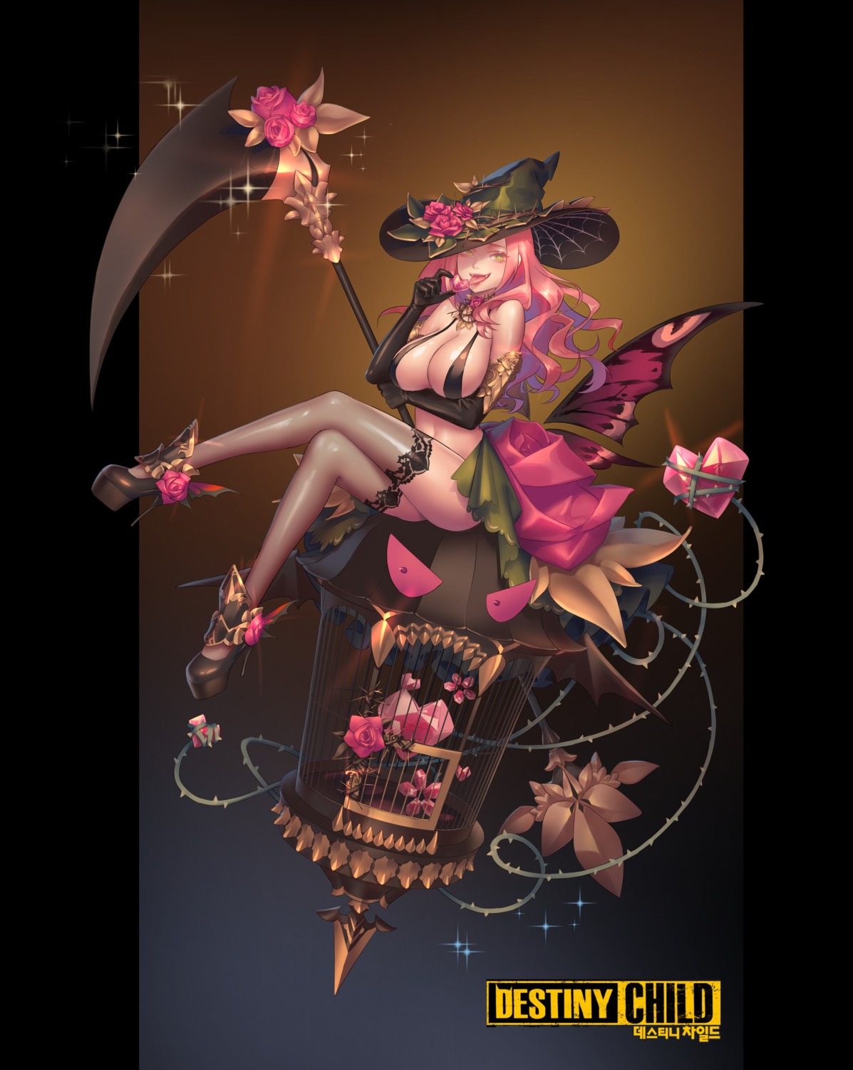 breast_hold, cleavage, destiny_child, heels, karesuki, no_bra, thighhighs, weapon