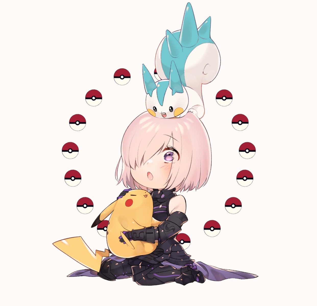 armor, chibi, crossover, fate/grand_order, mash_kyrielight, pachirisu, pikachu, pokemon