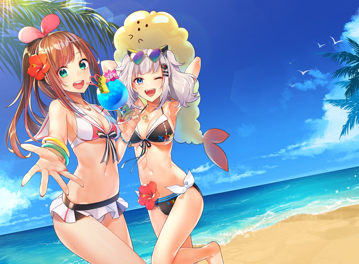 bikini, cleavage, crossover, kaguya_luna, kitazume_kumie, kizuna_ai, kizuna_ai_inc., megane
