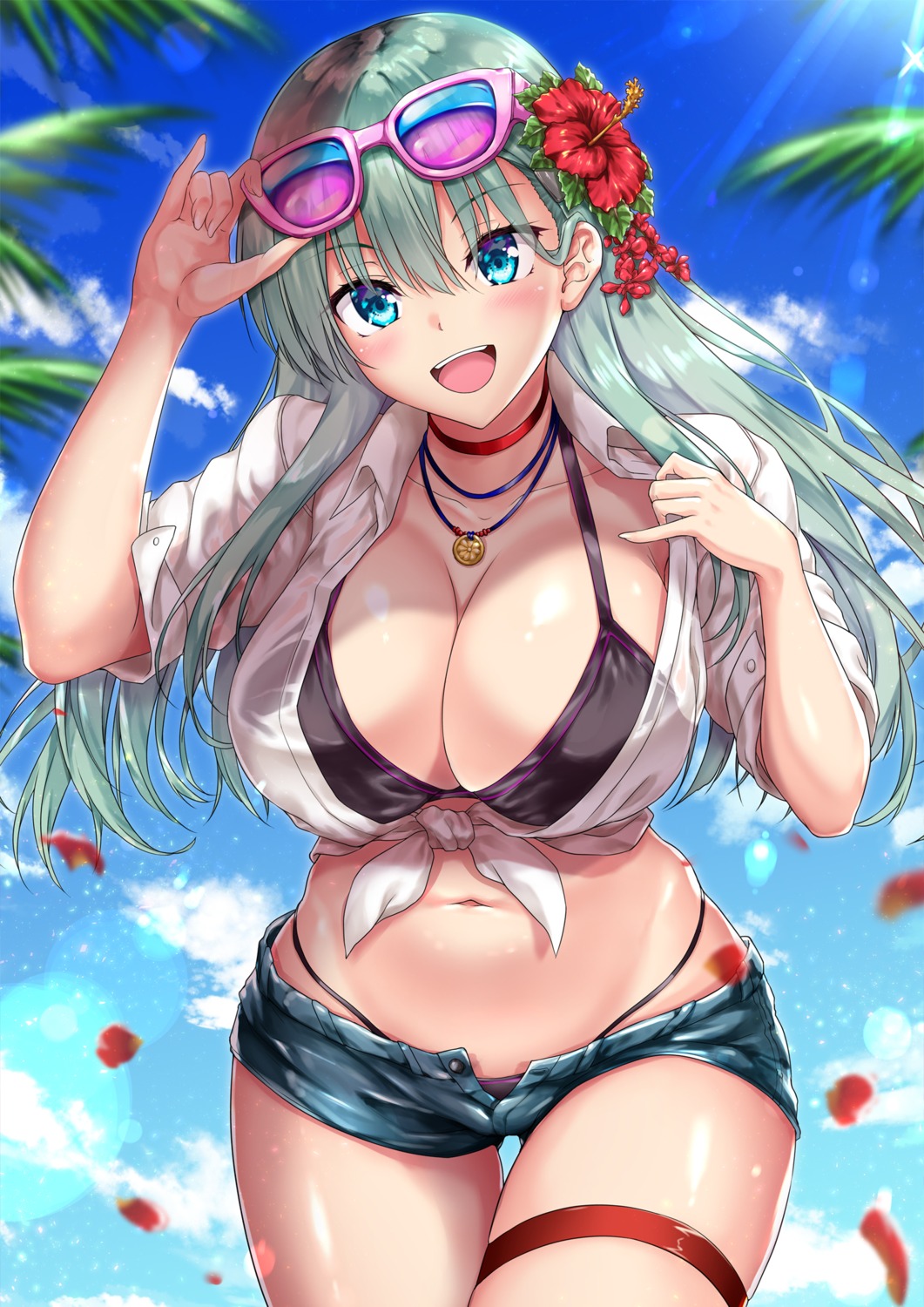 akizuki_akina, bikini, cleavage, garter, kantai_collection, megane, open_shirt, suzuya_(kancolle), swimsuits