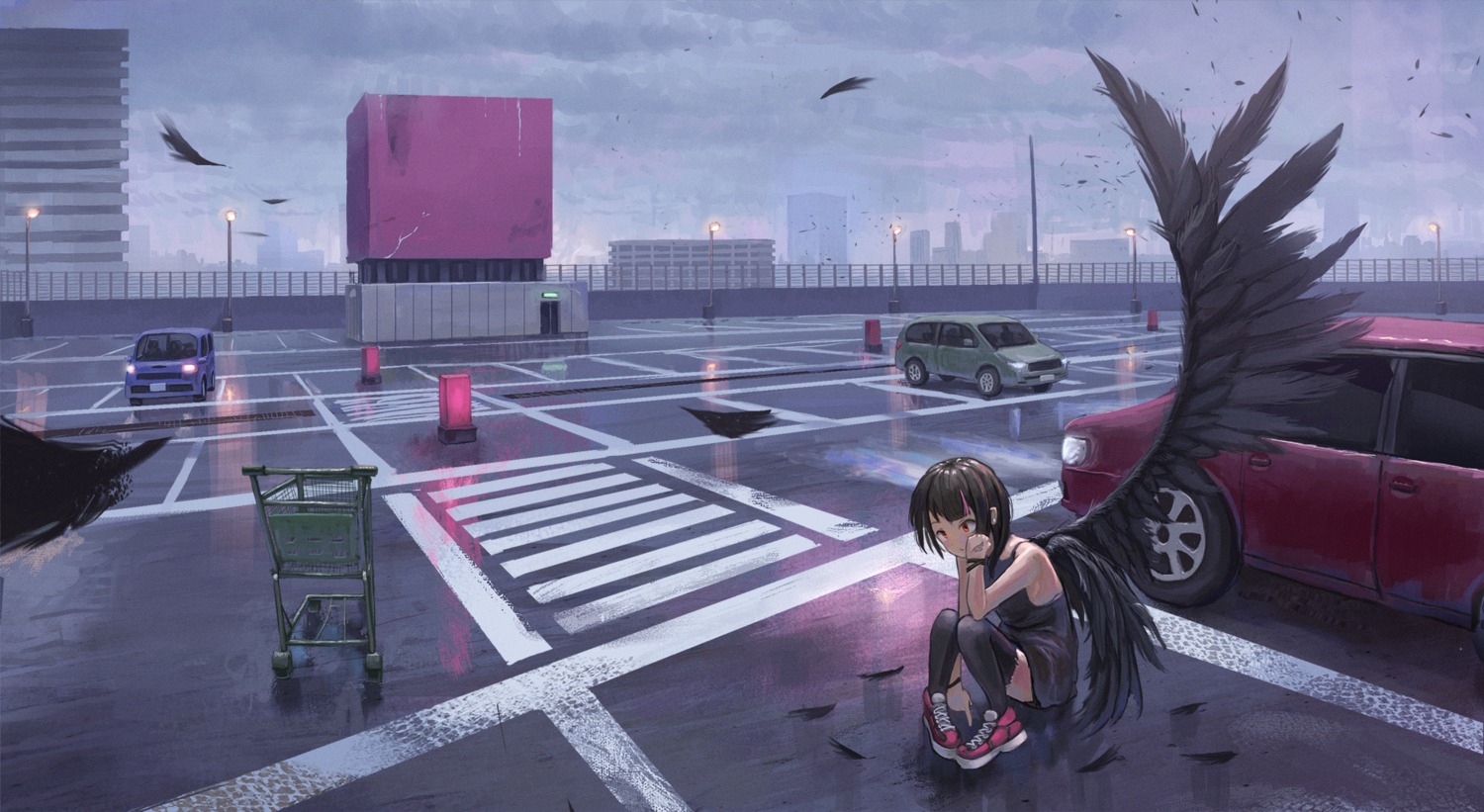 dress, fjsmu, landscape, thighhighs, wings