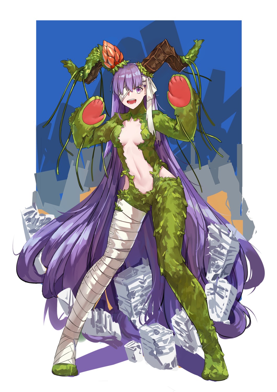 bandages, fate/grand_order, horns, kingprotea, no_bra, xiaozilongjiang