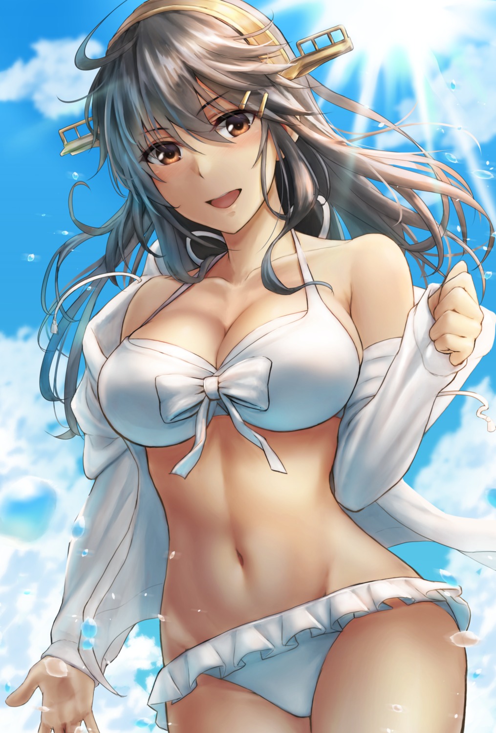 bikini, cleavage, haruna_(kancolle), kantai_collection, kokuzou, open_shirt, swimsuits