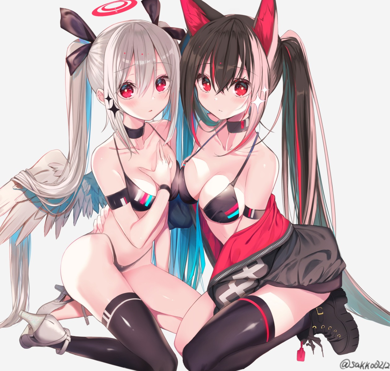 amakawa_sakko, animal_ears, bikini, bikini_top, cleavage, heels, open_shirt, swimsuits, thighhighs, wings