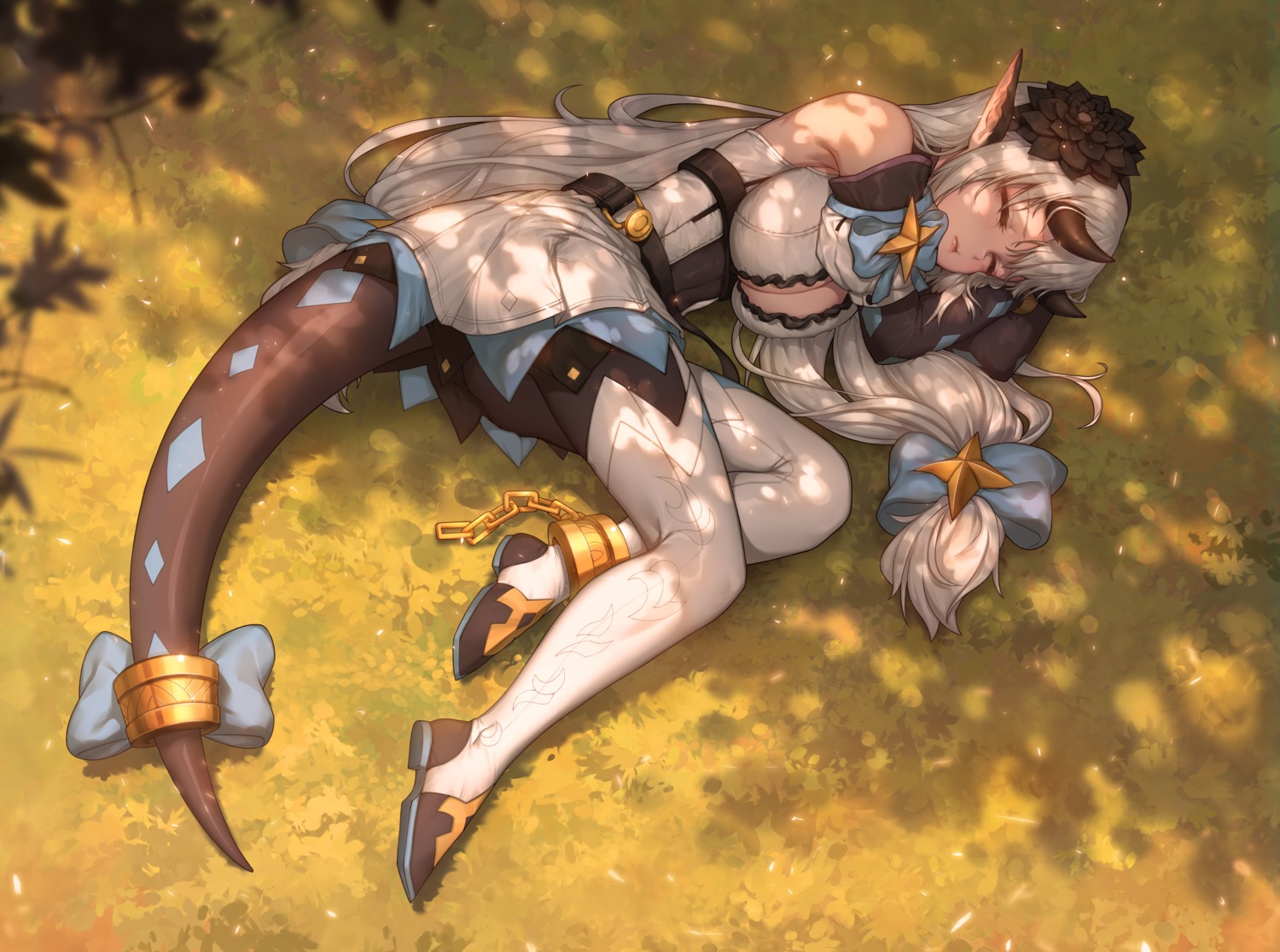 animal_ears, cleavage, epic7, horns, monster_girl, no_bra, open_shirt, pantyhose, peachpa, tail, thighhighs, yufine_(epic7)