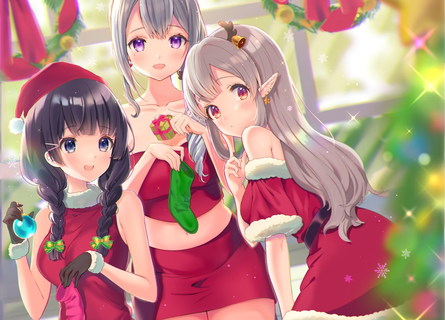 christmas, dress, elu_(nijisanji), higuchi_kaede, nijisanji, pointy_ears, tagme, tsukino_mito
